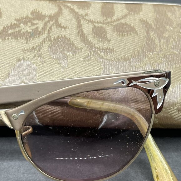 VTG Cat Eye Glasses Mid Century Gold Tone Ornate 1/10 12K GF 44 Alum With Case - Picture 2 of 16